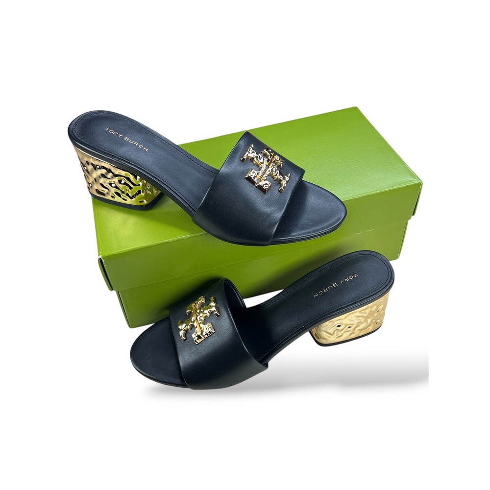 Tory Burch Everly Block Heel Sandals Black Gold Double T Logo Mules Size 6